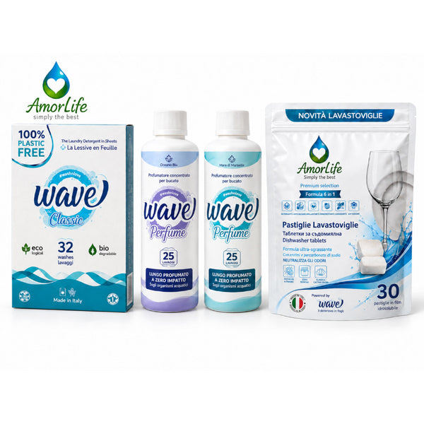 AmorLife комплект Ежедневно ухание и блясък – Wave Classic, два парфюма за пране и таблетки за съдомиялна