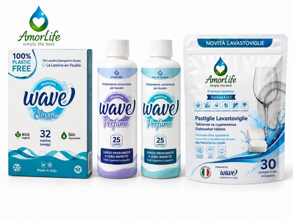 AmorLife комплект Ежедневно ухание и блясък – Wave Classic, два парфюма за пране и таблетки за съдомиялна