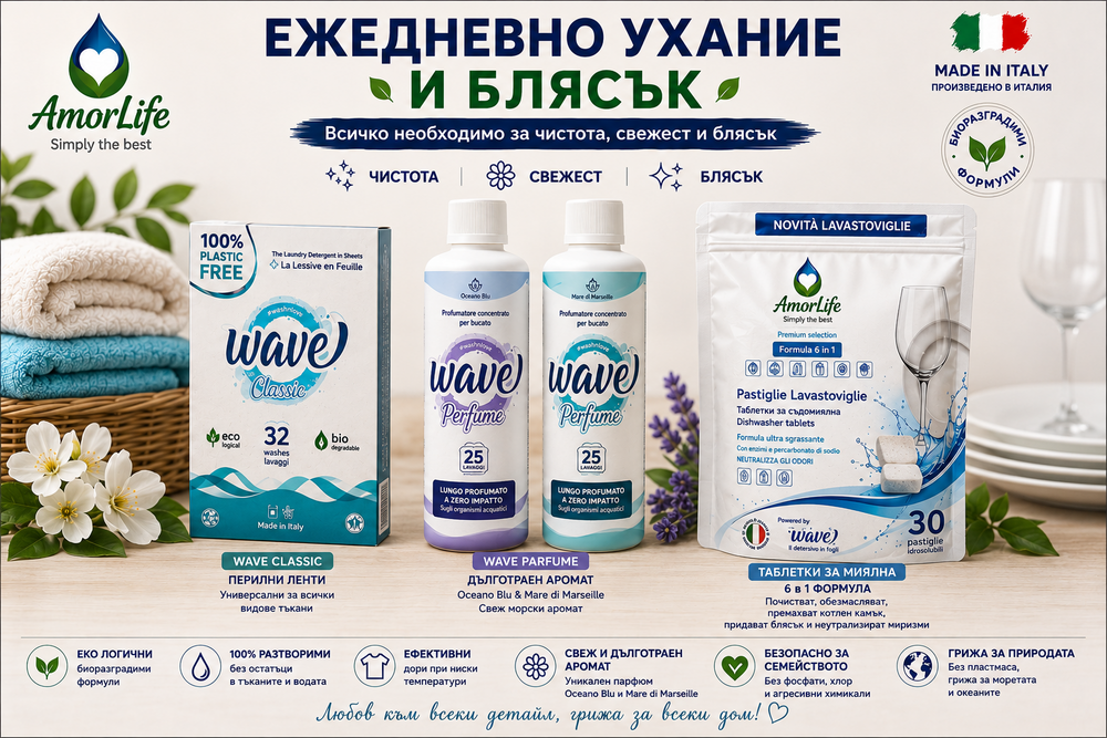 AmorLife комплект Ежедневно ухание и блясък – Wave Classic, два парфюма за пране и таблетки за съдомиялна