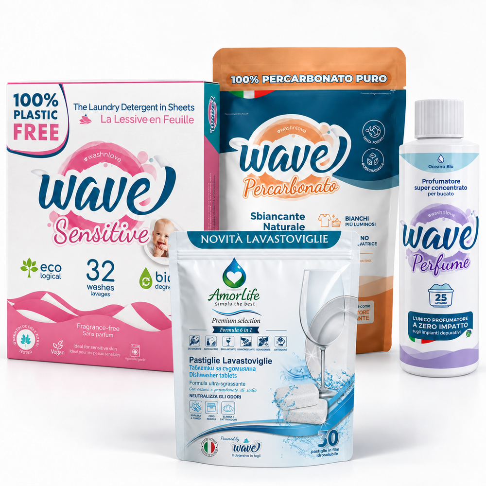 AmorLife комплект Нежност за бебето, белота и блясък за дома – Wave Sensitive, Percarbonato, Oceano Blu и таблетки за съдомиялна
