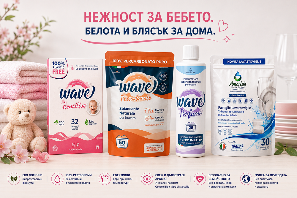 AmorLife комплект Нежност за бебето, белота и блясък за дома – Wave Sensitive, Percarbonato, Wave Perfume Oceano Blu и таблетки за съдомиялна