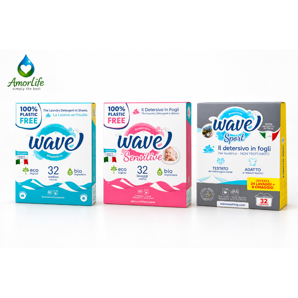 Wave Семеен комплект перилни ленти – Classic, Sensitive и Sport AmorLife екологични ленти за пране, произведени в Италия